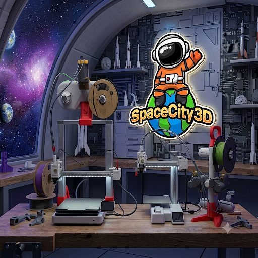 The SpaceCity3D print bench, printers running with filament spools loaded