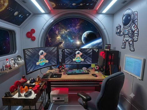 The SpaceCity3D print room &mdash; desk, monitors and 3D printers